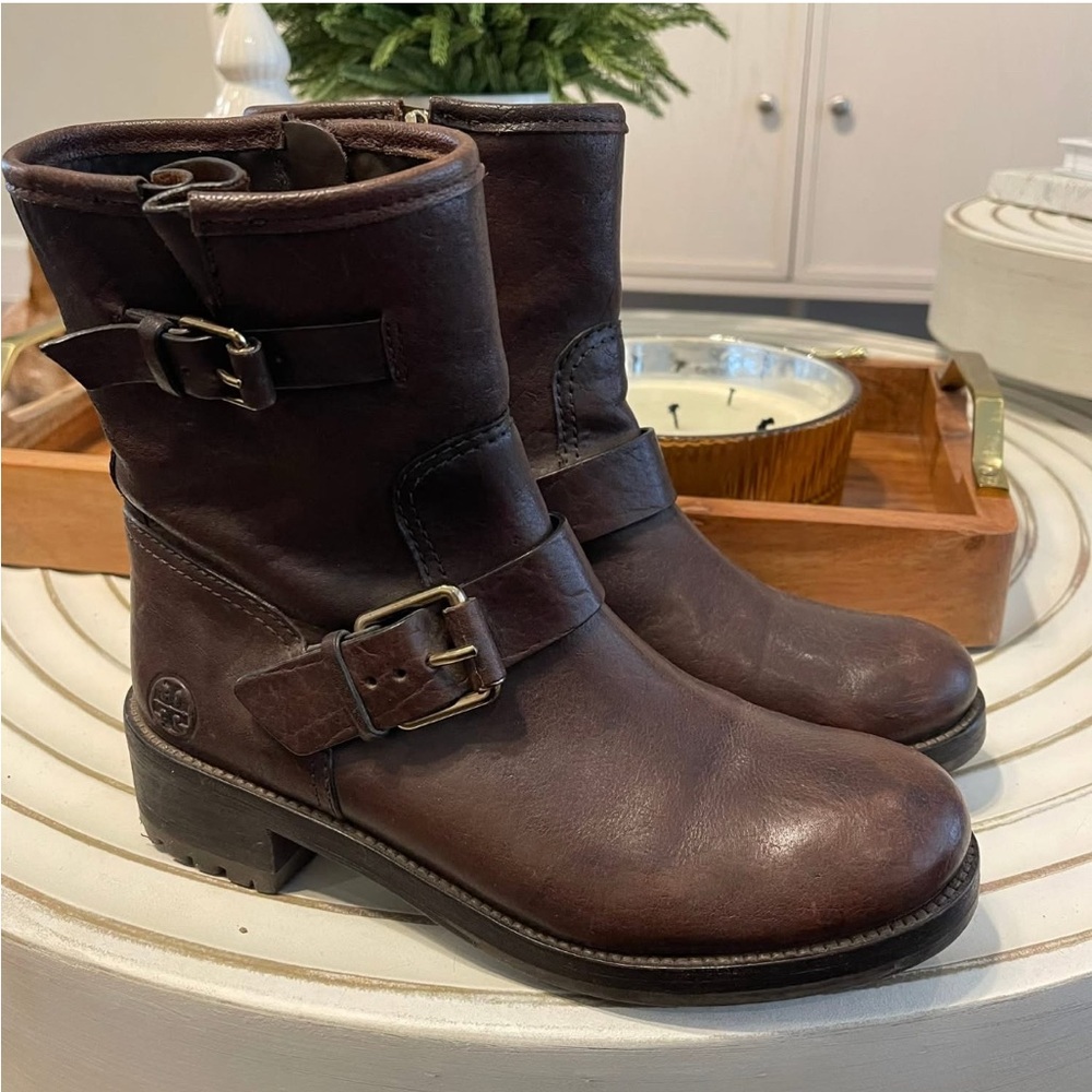 Tory Burch Dark Brown Leather Moto Boots